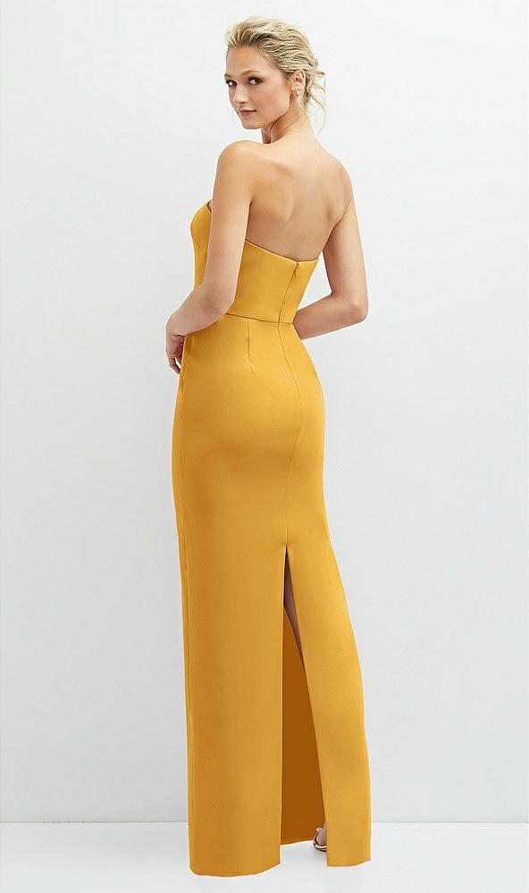 Back View - NYC Yellow Rhinestone Bow Trimmed Peek-a-Boo Deep-V Maxi Dress with Pencil Skirt