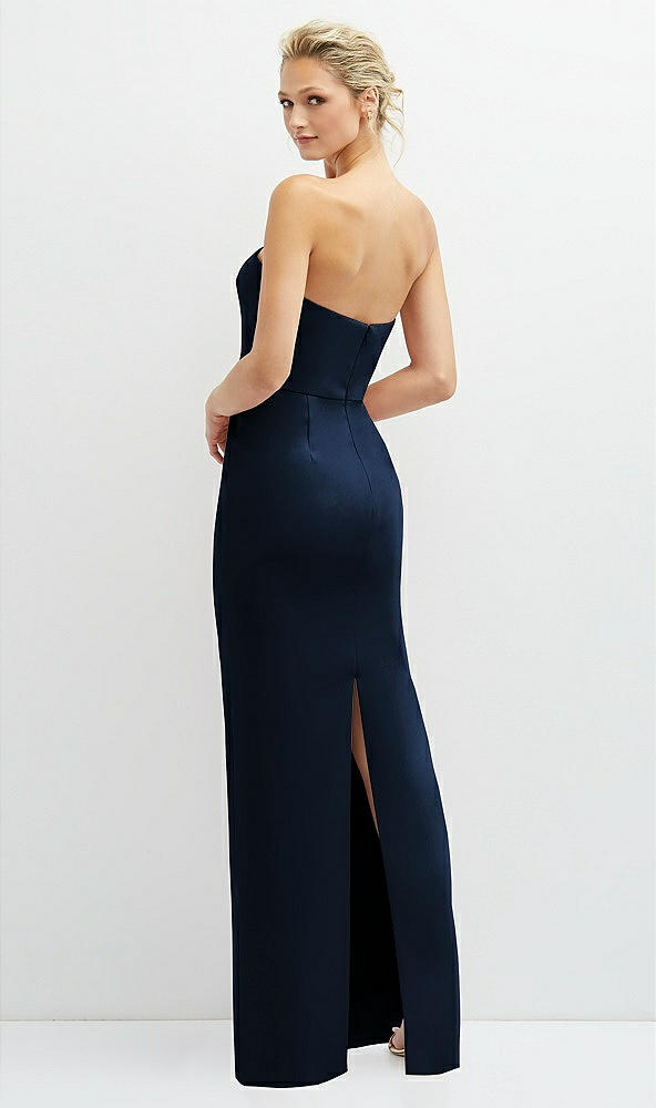 Back View - Midnight Navy Rhinestone Bow Trimmed Peek-a-Boo Deep-V Maxi Dress with Pencil Skirt