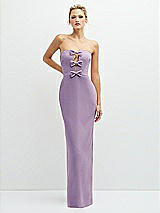 Front View Thumbnail - Pale Purple Rhinestone Bow Trimmed Peek-a-Boo Deep-V Maxi Dress with Pencil Skirt