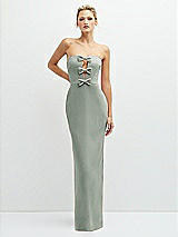 Front View Thumbnail - Willow Green Rhinestone Bow Trimmed Peek-a-Boo Deep-V Maxi Dress with Pencil Skirt