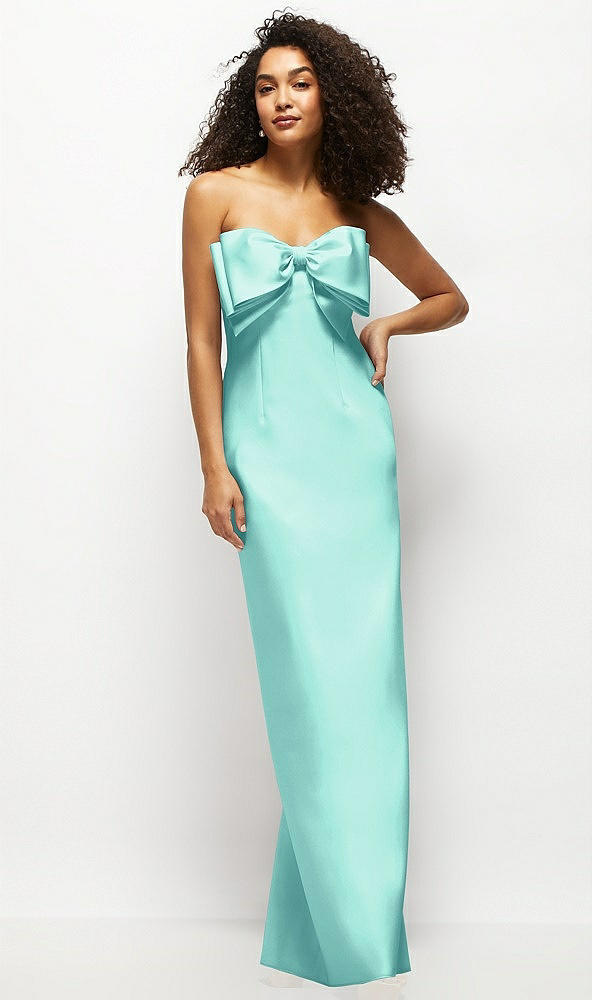 Front View - Coastal Strapless Satin Column Maxi Dress with Oversized Handcrafted Bow