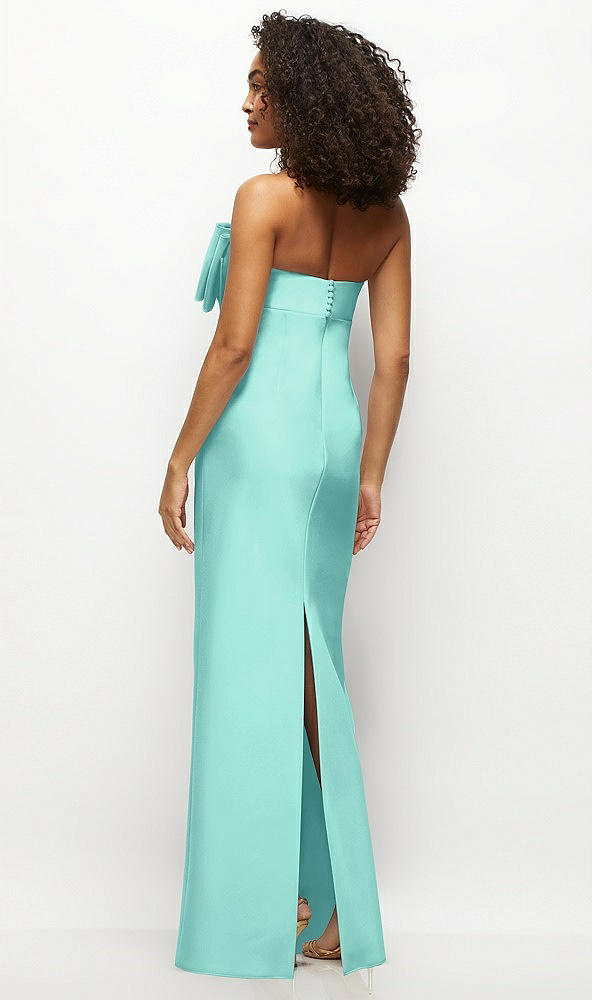 Back View - Coastal Strapless Satin Column Maxi Dress with Oversized Handcrafted Bow