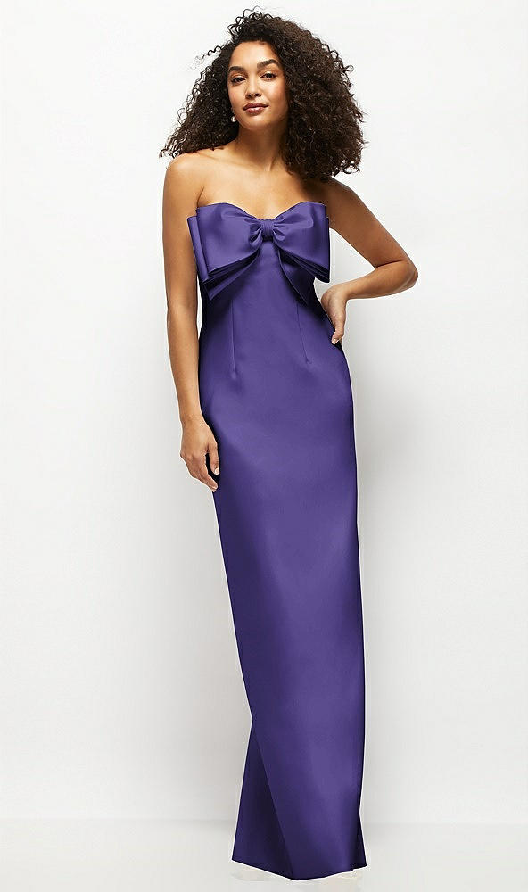 Front View - Grape Strapless Satin Column Maxi Dress with Oversized Handcrafted Bow