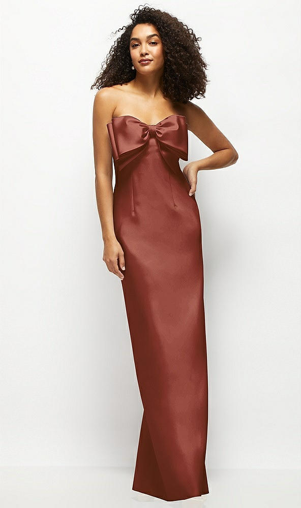 Front View - Auburn Moon Strapless Satin Column Maxi Dress with Oversized Handcrafted Bow