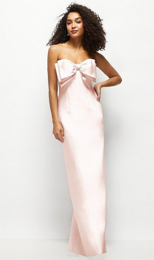 Front View - Blush Strapless Satin Column Maxi Dress with Oversized Handcrafted Bow
