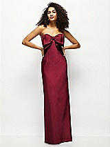 Alt View 1 Thumbnail - Burgundy Strapless Satin Column Maxi Dress with Oversized Handcrafted Bow