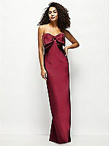 Front View Thumbnail - Burgundy Strapless Satin Column Maxi Dress with Oversized Handcrafted Bow
