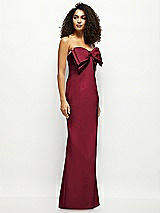 Side View Thumbnail - Burgundy Strapless Satin Column Maxi Dress with Oversized Handcrafted Bow