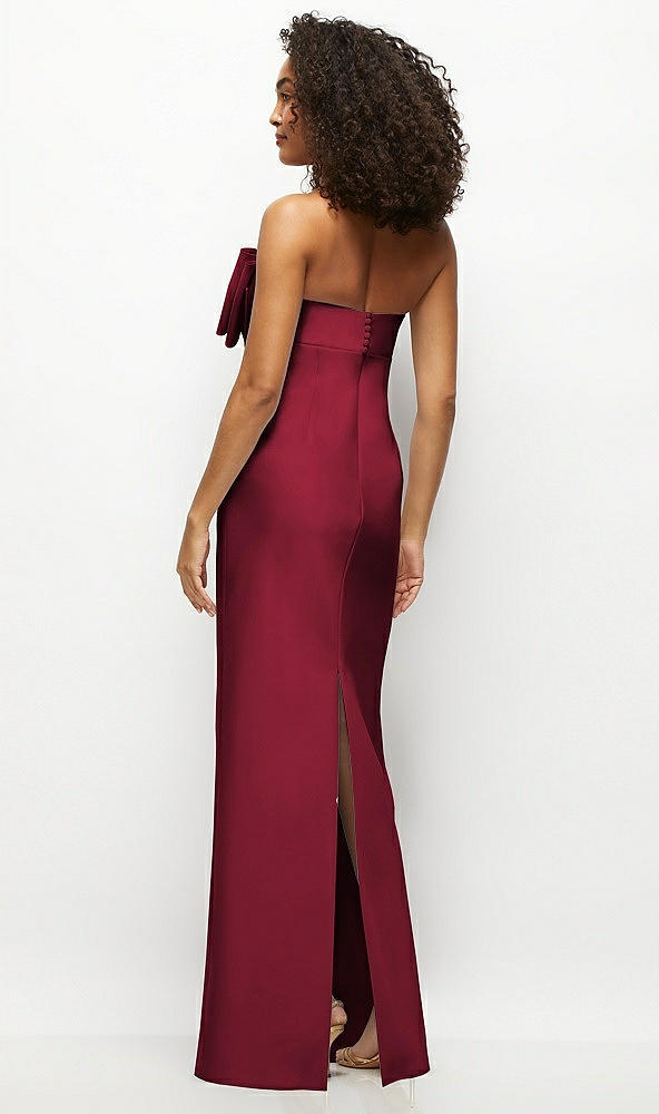 Back View - Burgundy Strapless Satin Column Maxi Dress with Oversized Handcrafted Bow