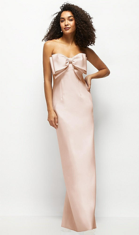 Front View - Cameo Strapless Satin Column Maxi Dress with Oversized Handcrafted Bow