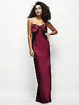 Front View Thumbnail - Cabernet Strapless Satin Column Maxi Dress with Oversized Handcrafted Bow