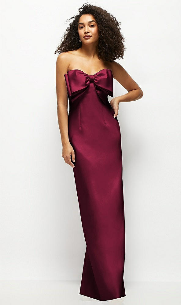 Front View - Cabernet Strapless Satin Column Maxi Dress with Oversized Handcrafted Bow