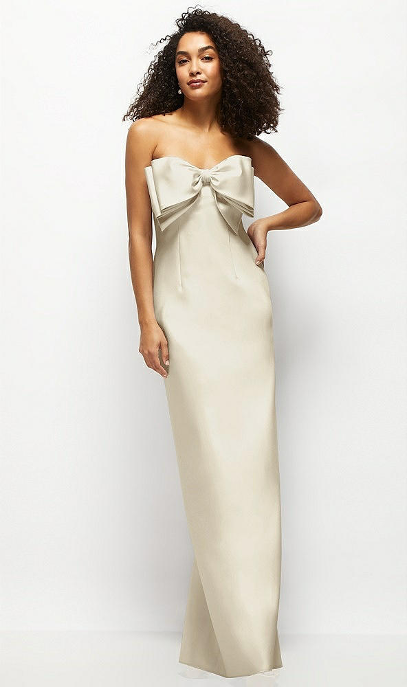 Front View - Champagne Strapless Satin Column Maxi Dress with Oversized Handcrafted Bow