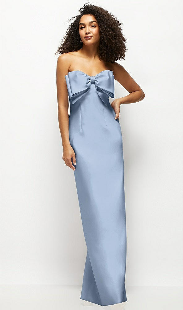 Front View - Cloudy Strapless Satin Column Maxi Dress with Oversized Handcrafted Bow