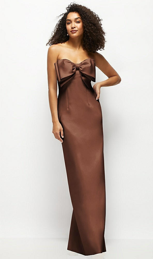 Front View - Cognac Strapless Satin Column Maxi Dress with Oversized Handcrafted Bow