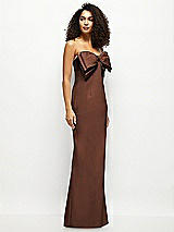 Side View Thumbnail - Cognac Strapless Satin Column Maxi Dress with Oversized Handcrafted Bow