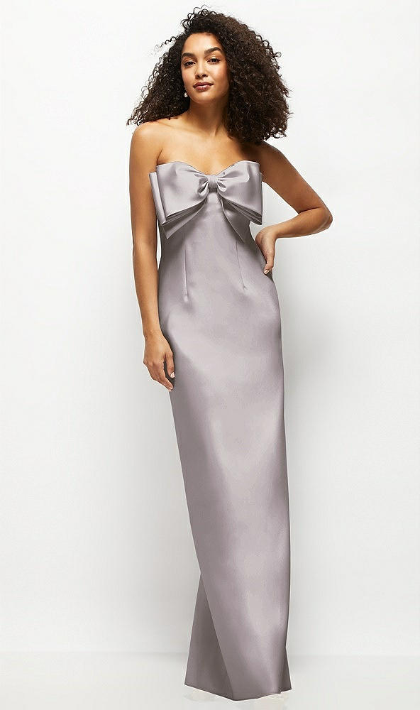 Front View - Cashmere Gray Strapless Satin Column Maxi Dress with Oversized Handcrafted Bow