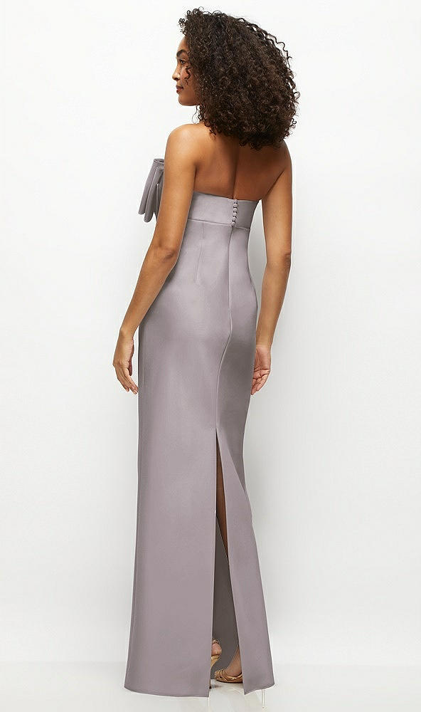 Back View - Cashmere Gray Strapless Satin Column Maxi Dress with Oversized Handcrafted Bow