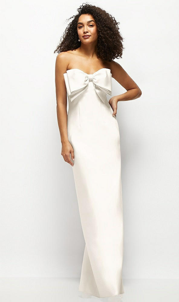 Front View - Ivory Strapless Satin Column Maxi Dress with Oversized Handcrafted Bow