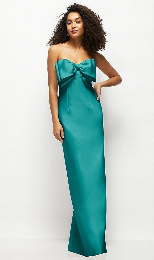 Front View - Jade Strapless Satin Column Maxi Dress with Oversized Handcrafted Bow