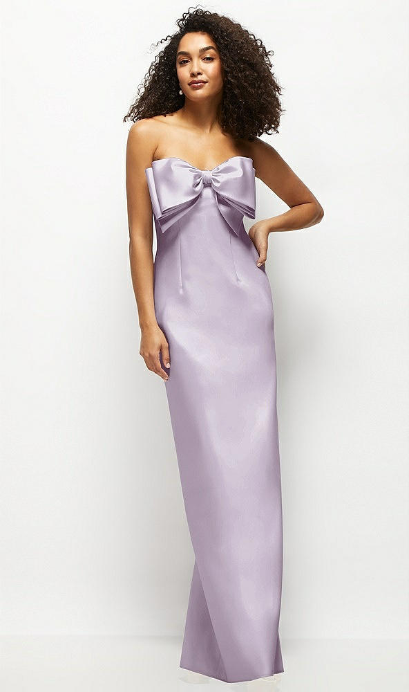 Front View - Lilac Haze Strapless Satin Column Maxi Dress with Oversized Handcrafted Bow