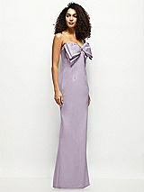 Side View Thumbnail - Lilac Haze Strapless Satin Column Maxi Dress with Oversized Handcrafted Bow