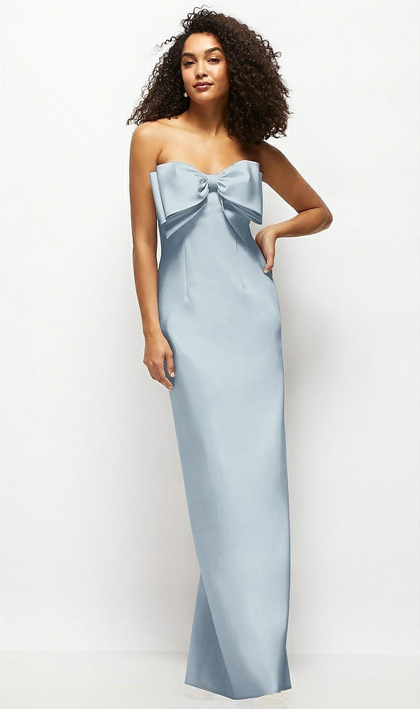 Front View - Mist Strapless Satin Column Maxi Dress with Oversized Handcrafted Bow