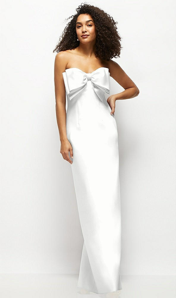 Front View - White Strapless Satin Column Maxi Dress with Oversized Handcrafted Bow
