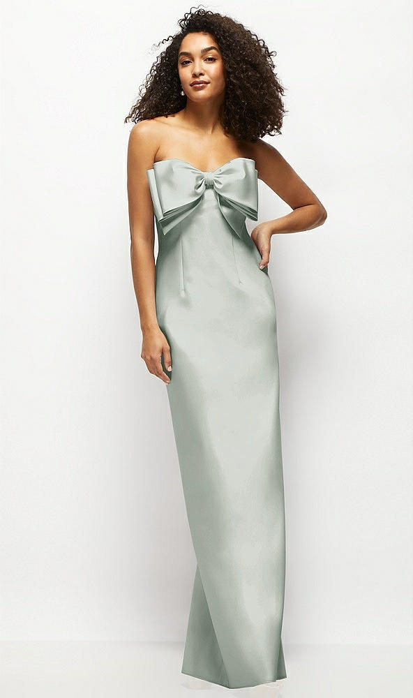 Front View - Willow Green Strapless Satin Column Maxi Dress with Oversized Handcrafted Bow