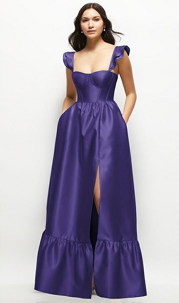 Front View - Grape Satin Corset Maxi Dress with Ruffle Straps & Skirt