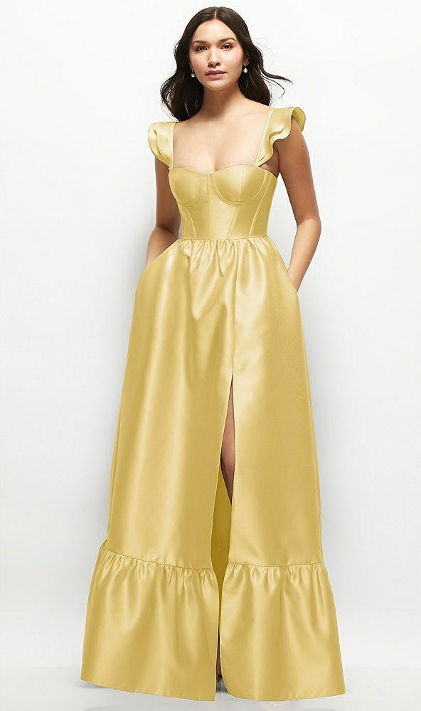 Front View - Maize Satin Corset Maxi Dress with Ruffle Straps & Skirt