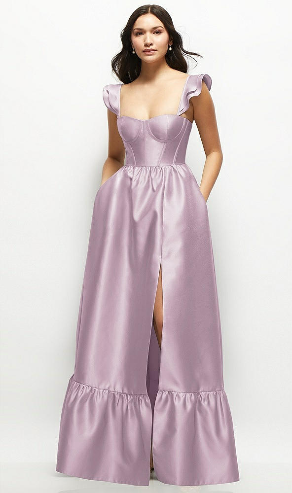 Front View - Suede Rose Satin Corset Maxi Dress with Ruffle Straps & Skirt
