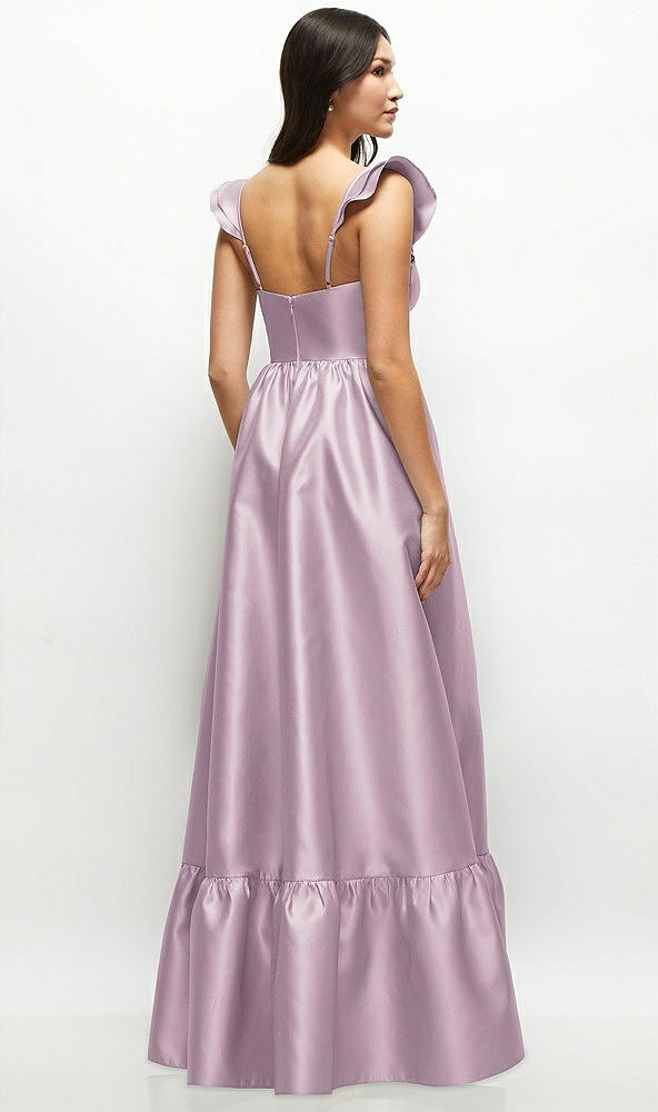 Back View - Suede Rose Satin Corset Maxi Dress with Ruffle Straps & Skirt