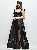 Alt View 2 Thumbnail - Black Satin Corset Maxi Dress with Ruffle Straps & Skirt