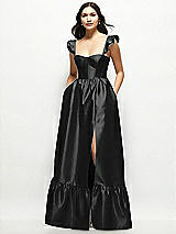 Front View Thumbnail - Black Satin Corset Maxi Dress with Ruffle Straps & Skirt