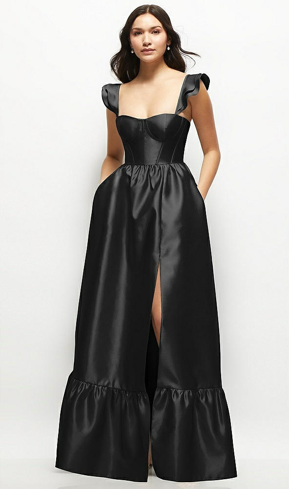 Front View - Black Satin Corset Maxi Dress with Ruffle Straps & Skirt
