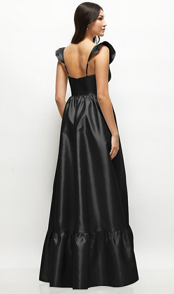 Back View - Black Satin Corset Maxi Dress with Ruffle Straps & Skirt