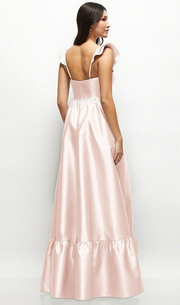 Back View - Blush Satin Corset Maxi Dress with Ruffle Straps & Skirt