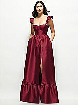 Front View Thumbnail - Burgundy Satin Corset Maxi Dress with Ruffle Straps & Skirt