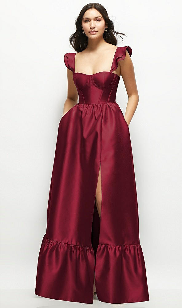 Front View - Burgundy Satin Corset Maxi Dress with Ruffle Straps & Skirt