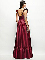 Rear View Thumbnail - Burgundy Satin Corset Maxi Dress with Ruffle Straps & Skirt