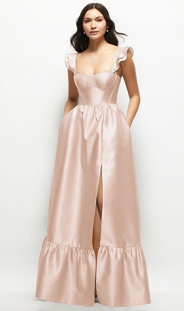 Front View - Cameo Satin Corset Maxi Dress with Ruffle Straps & Skirt