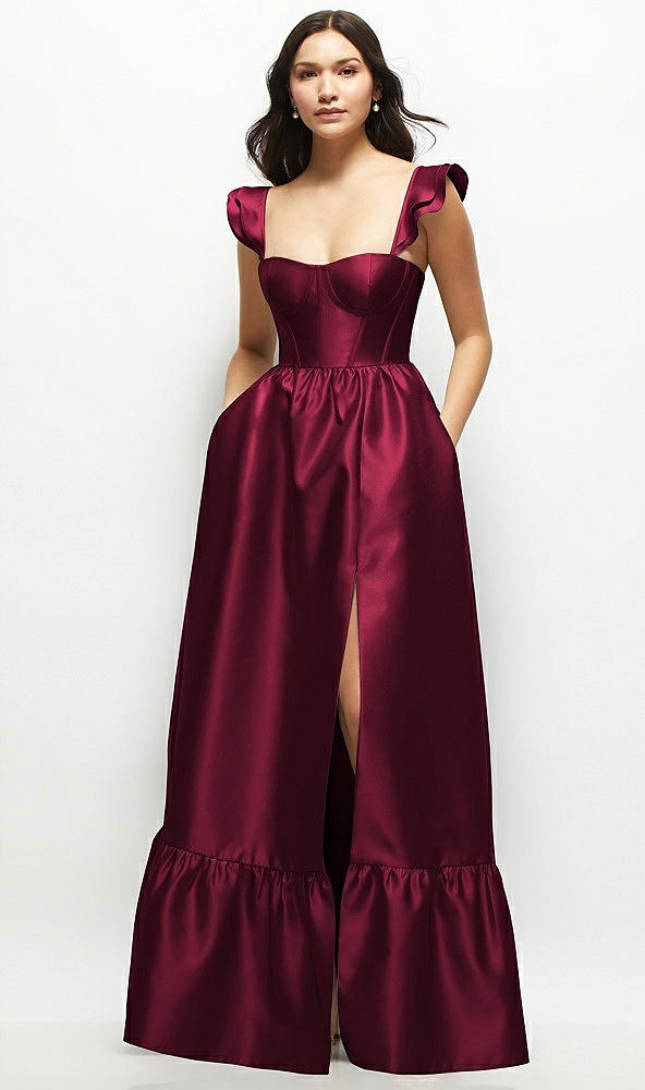 Front View - Cabernet Satin Corset Maxi Dress with Ruffle Straps & Skirt