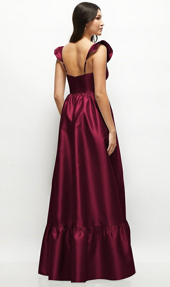 Back View - Cabernet Satin Corset Maxi Dress with Ruffle Straps & Skirt