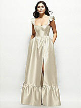 Front View Thumbnail - Champagne Satin Corset Maxi Dress with Ruffle Straps & Skirt