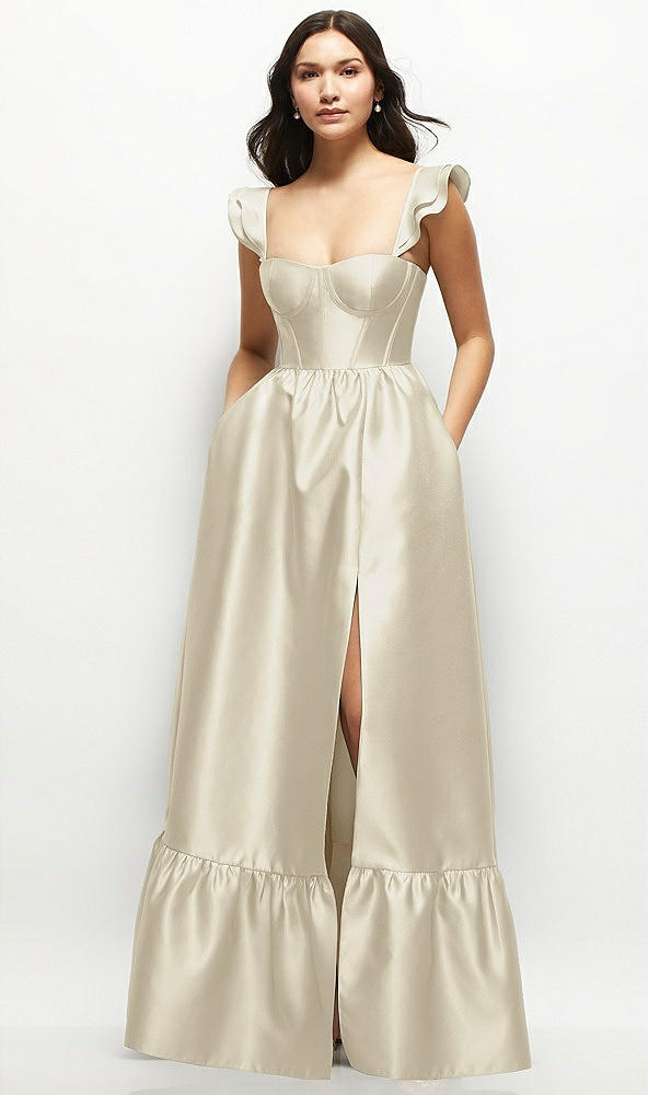 Front View - Champagne Satin Corset Maxi Dress with Ruffle Straps & Skirt