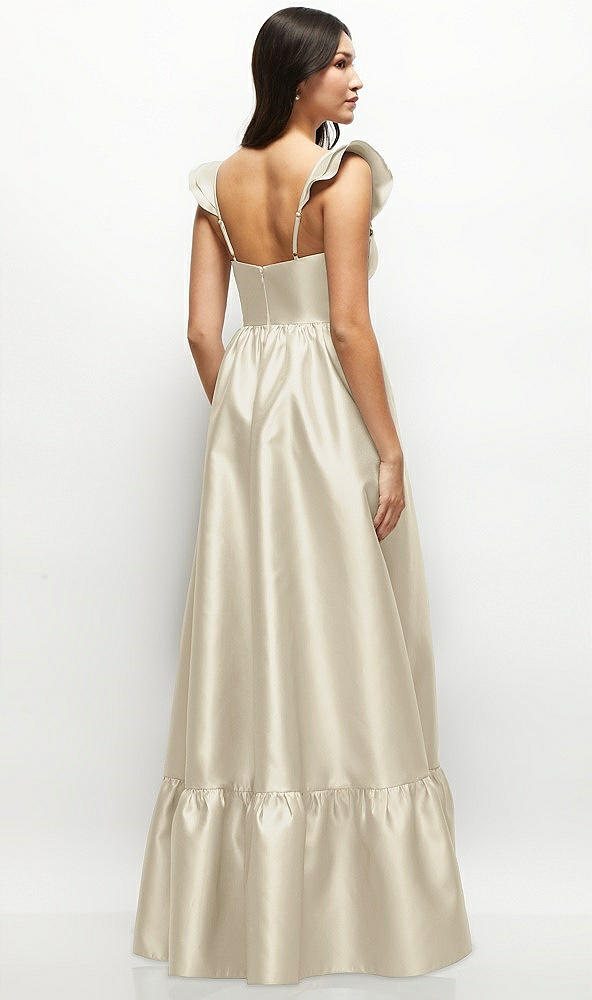Back View - Champagne Satin Corset Maxi Dress with Ruffle Straps & Skirt