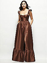 Front View Thumbnail - Cognac Satin Corset Maxi Dress with Ruffle Straps & Skirt