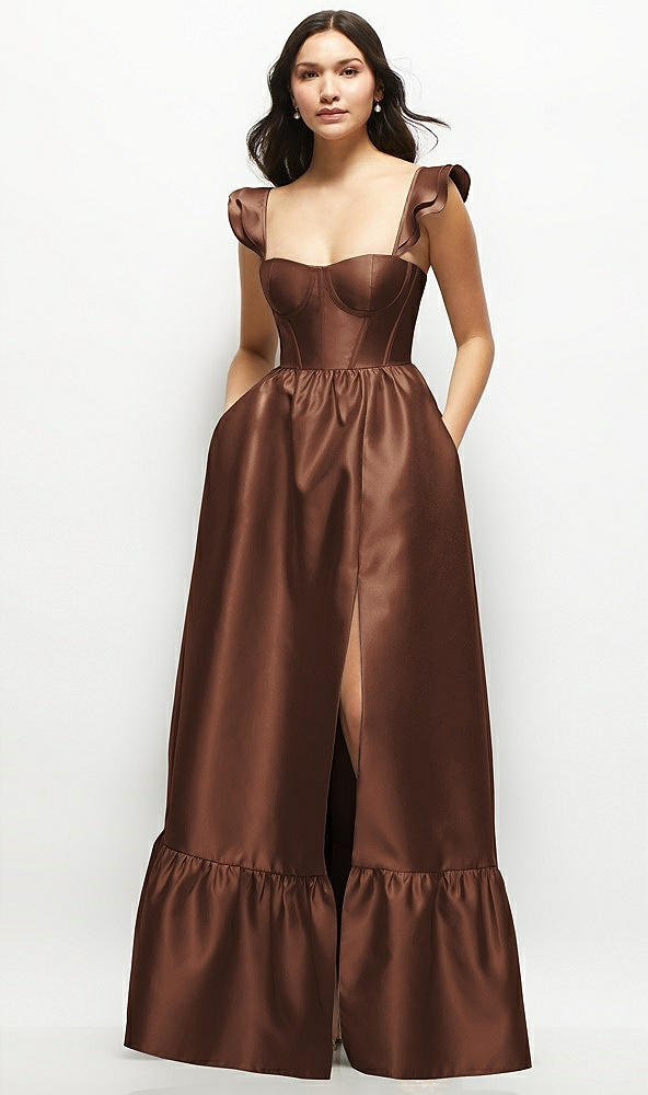 Front View - Cognac Satin Corset Maxi Dress with Ruffle Straps & Skirt