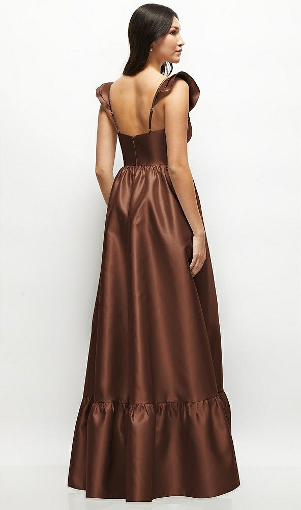 Back View - Cognac Satin Corset Maxi Dress with Ruffle Straps & Skirt